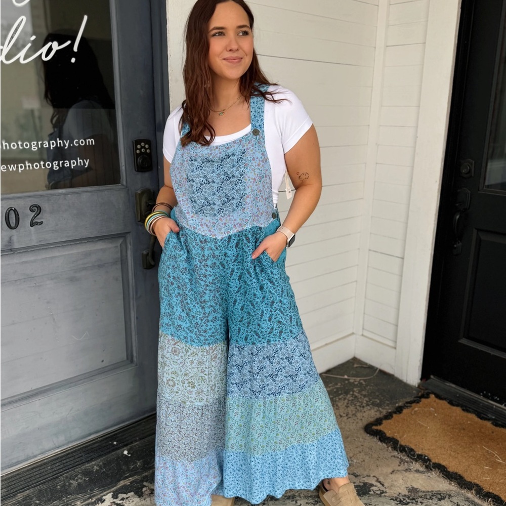 Blue Sky Patchwork Bohemian Overall Jumpsuit - image 1
